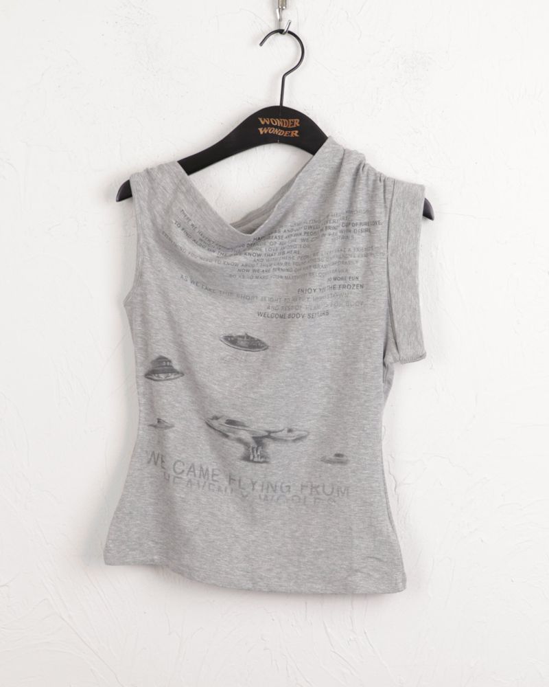 pebbled hip lettering unbalanced sleeve sleeveless