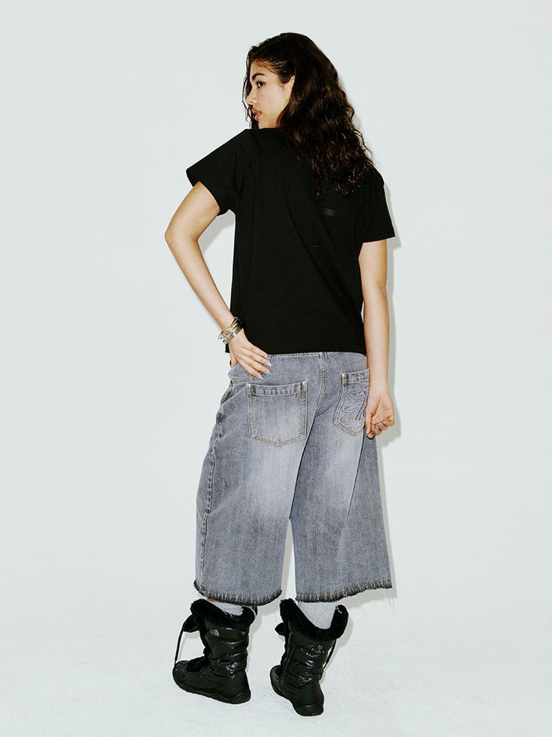 STRING CAPRI DENIM PANTS GREY