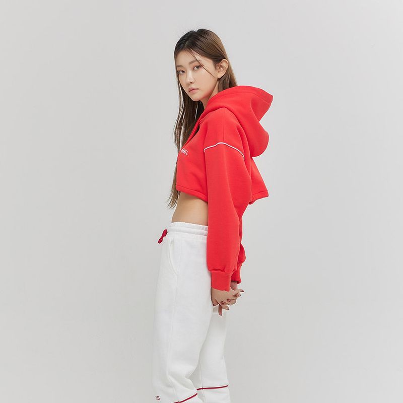 Oversize Line Point Crop Hoodie Red