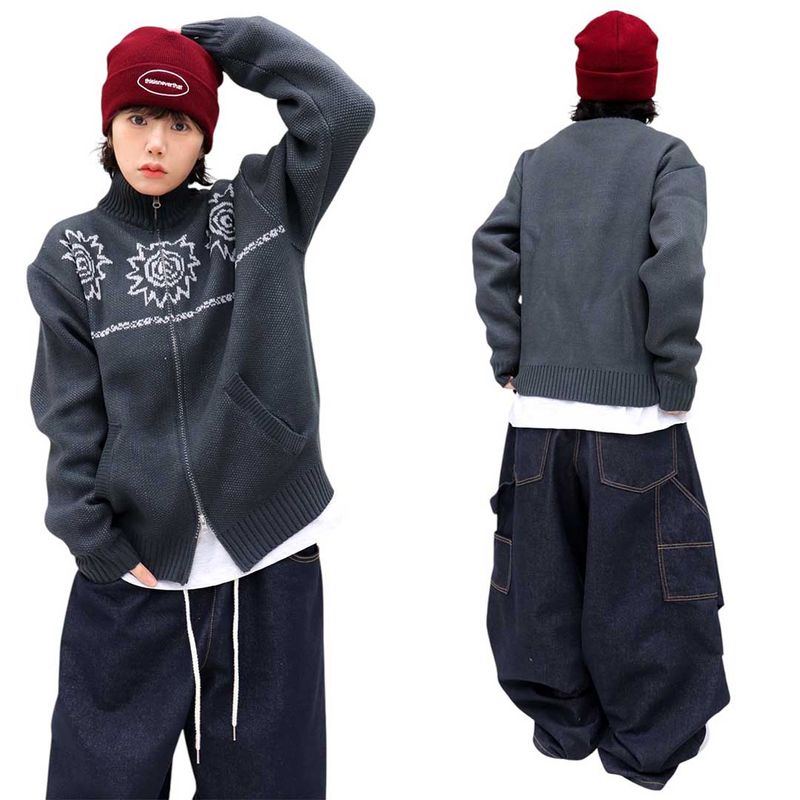 Vintage Jacquard Knit Zip-Up