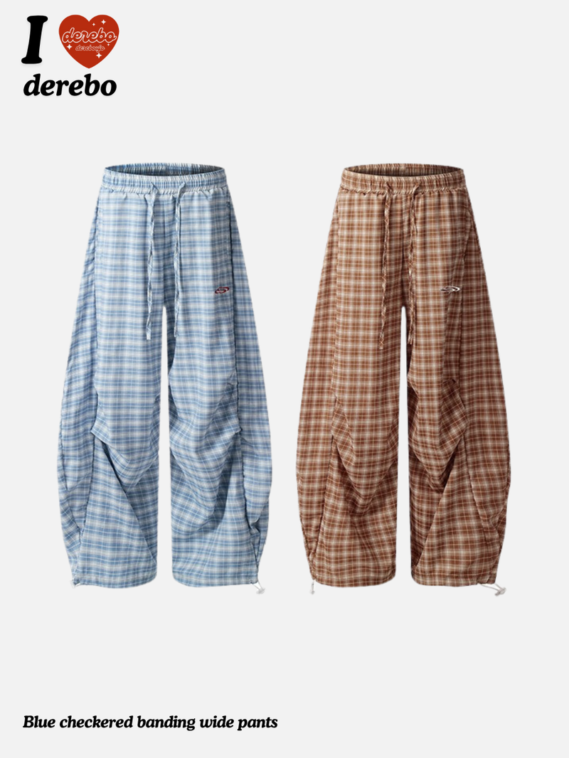 Blue checkered banding wide pants