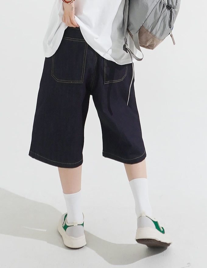 Pintuck Wide Raw Denim Bermuda Pants