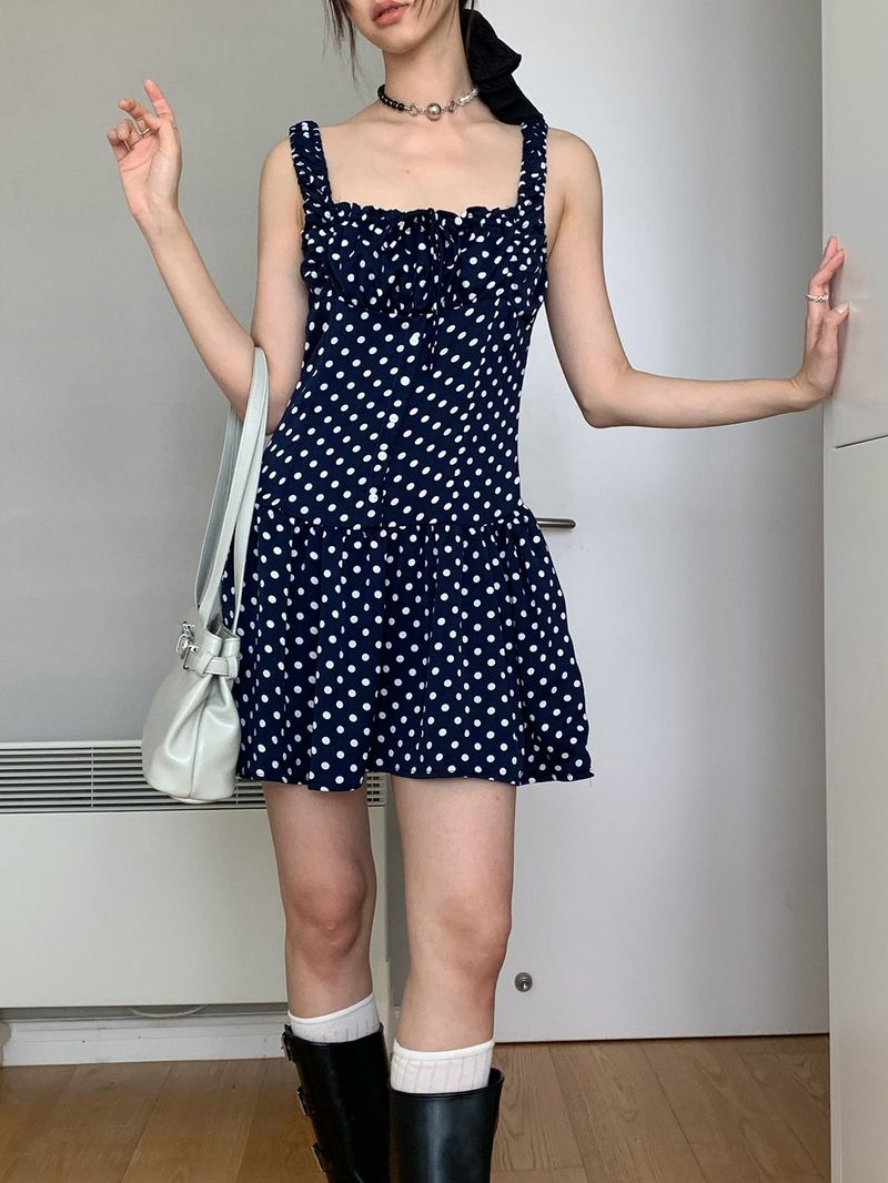 Navy Dotted Square Neck Flared Dress
