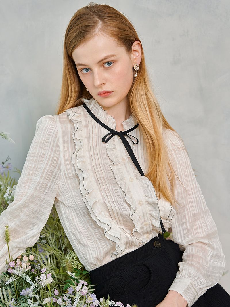 Frill Shirring Ribbon Blouse