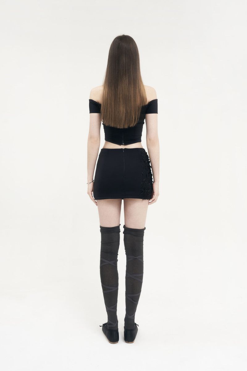  [Seow] Flap mesh ribbon sk, black