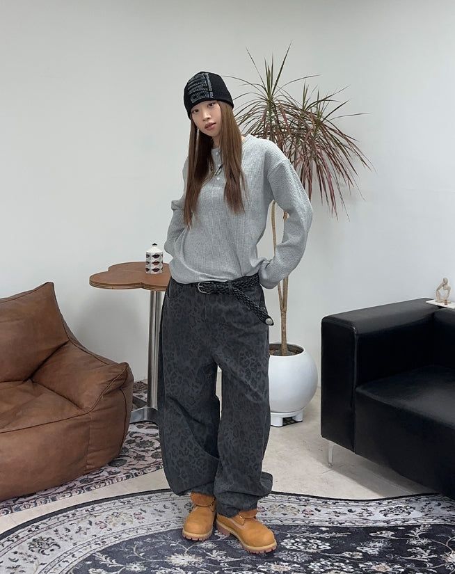 Tove Waffle Henley Neck Long Sleeve Tee