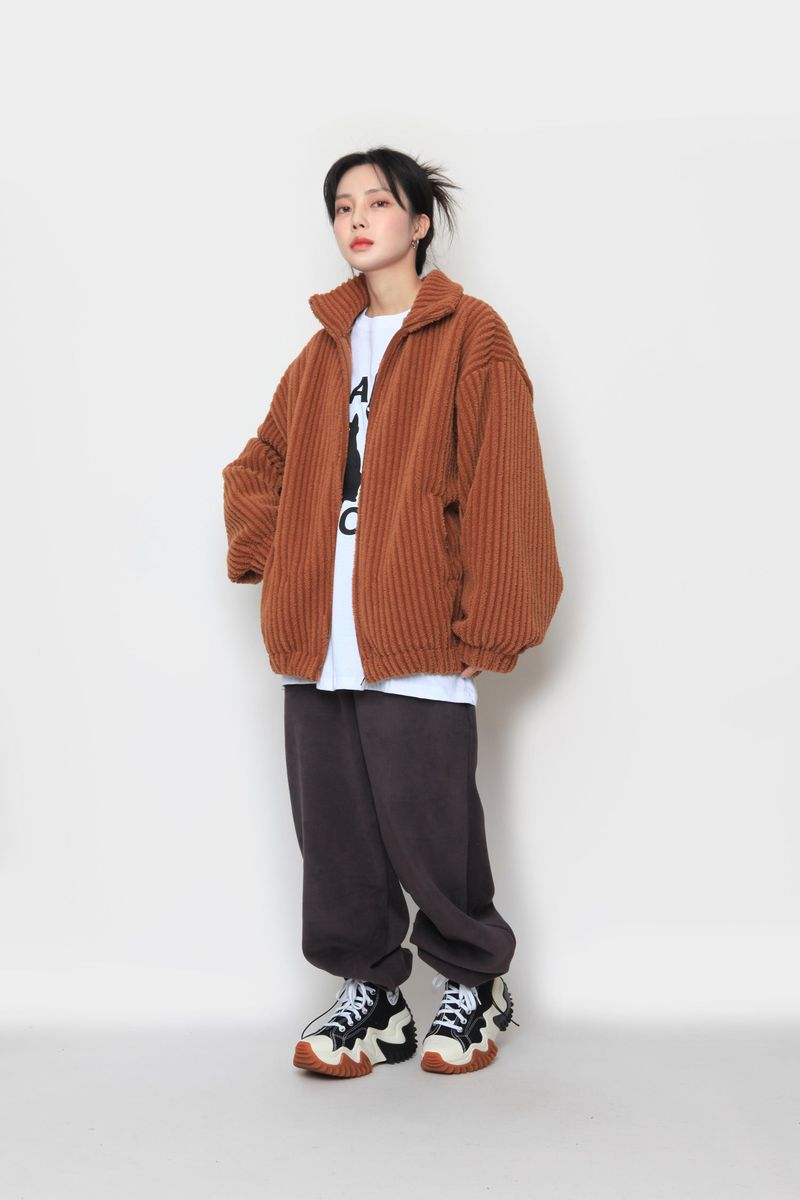 fur ribbed zip-up jacket