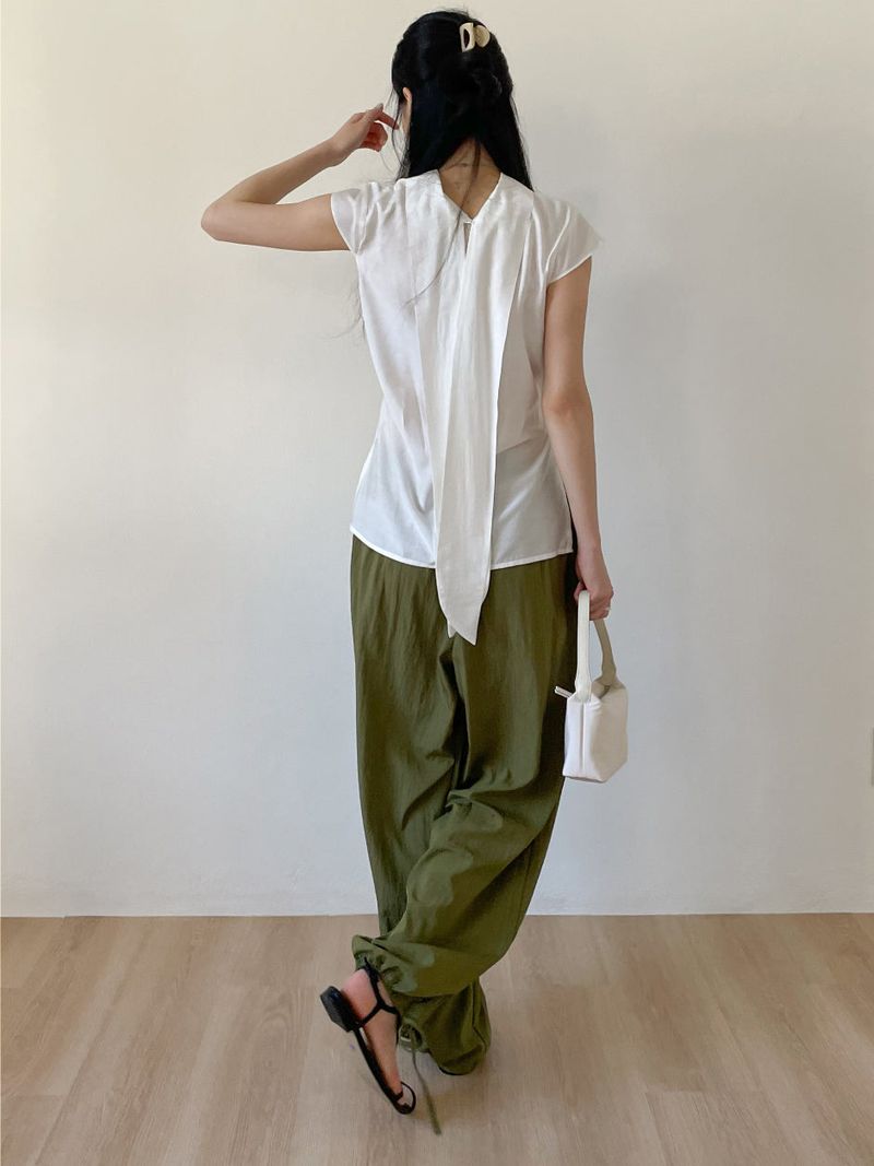 Tie-neck Strap Cap Sleeve Blouse