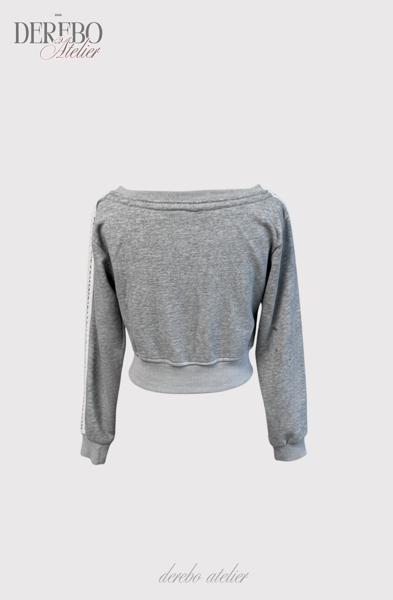 Grey off-shoulder zip-up frill training setup (SET)