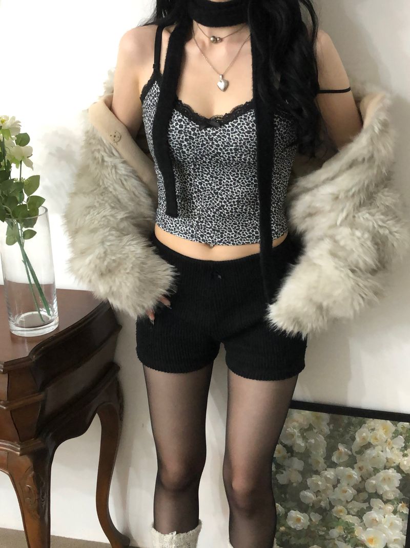 Ribbon Leopard Sleeveles(Black/Pink)