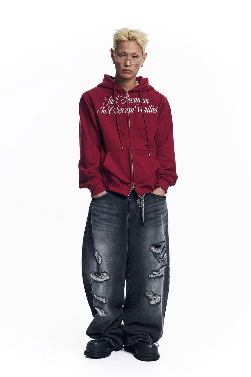 Distressed Curved Denim Pants - Black