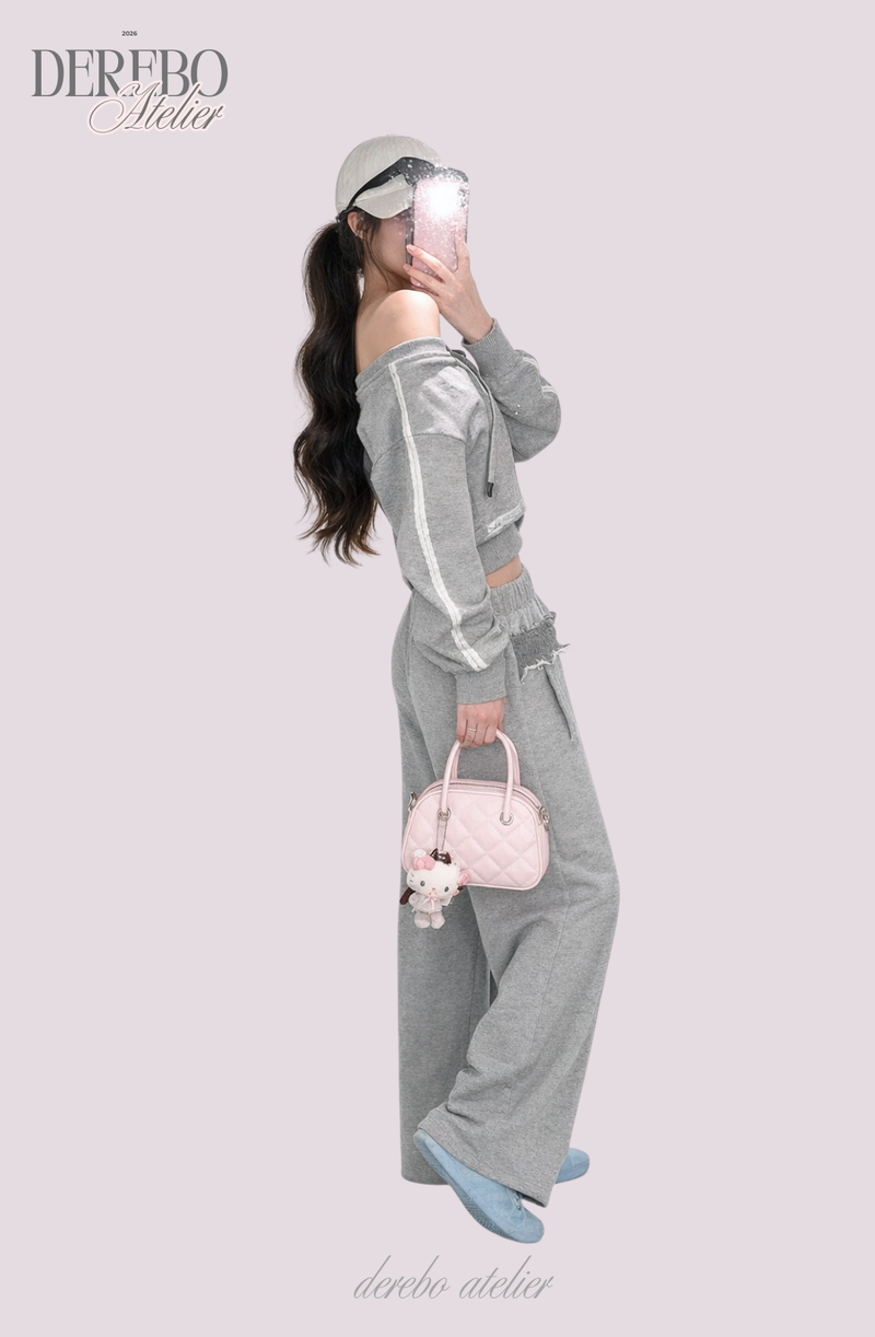 Grey off-shoulder zip-up frill training setup (SET)