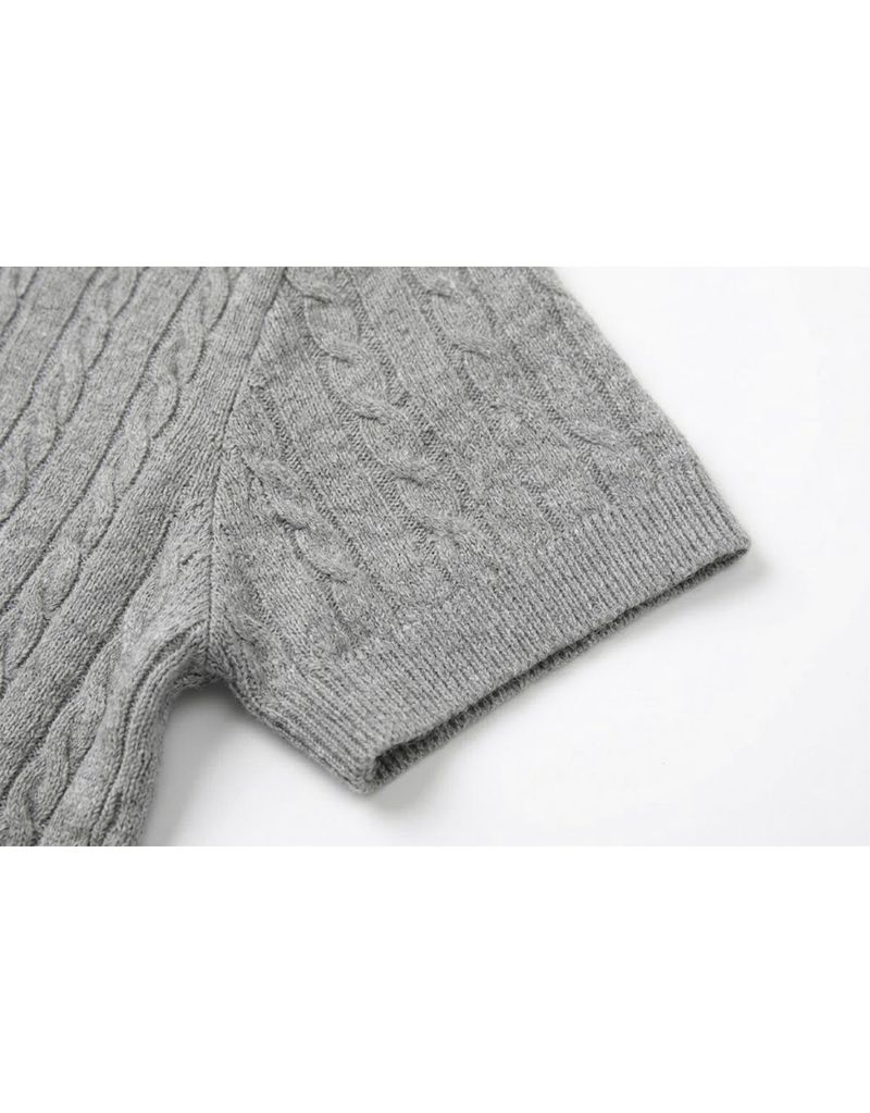 Elodie Pearl Collar Cable Short Sleeve Knit Top Grey