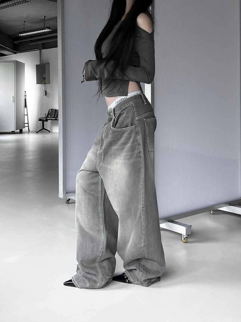 gray shirring washed denim