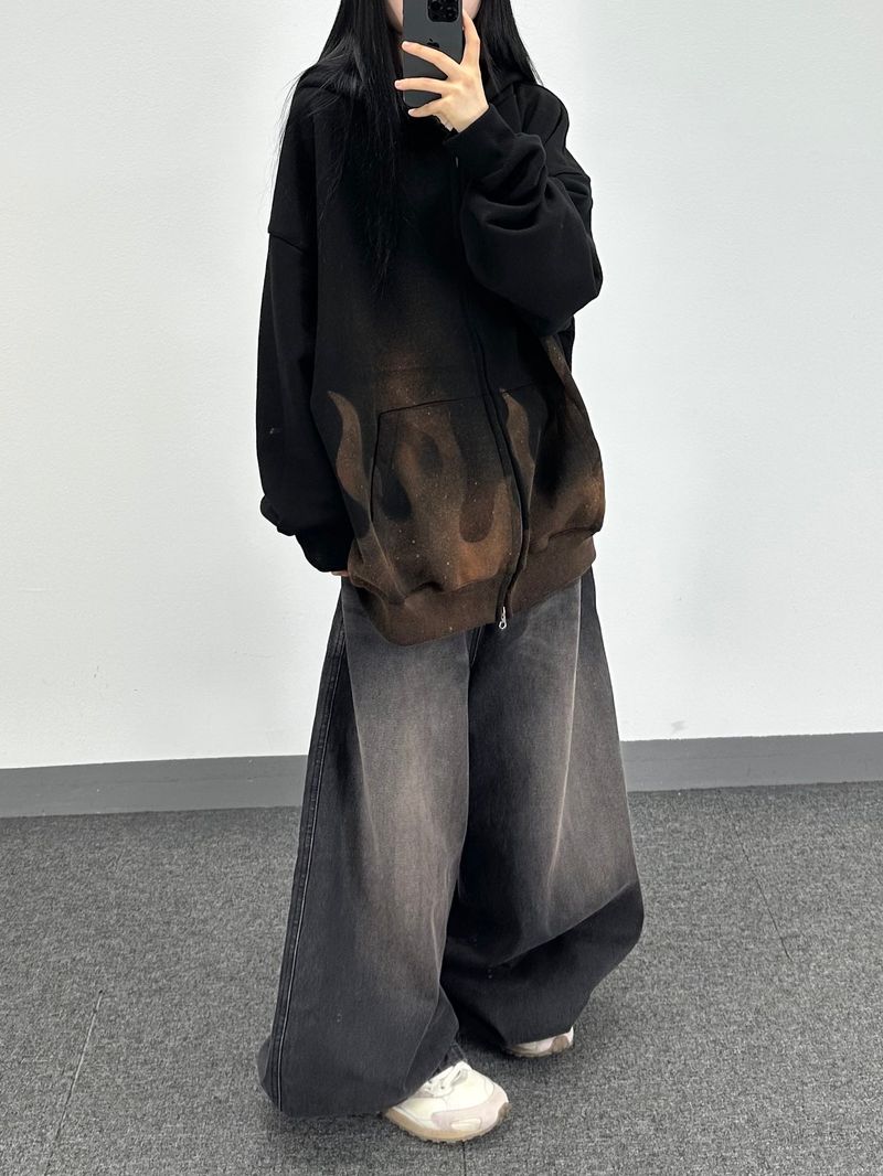 flame washed hooded zip-up
