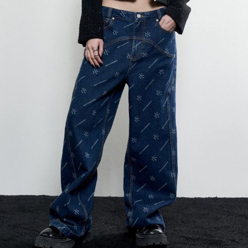 Curved Wide Denim Pants (DEEP BLUE)