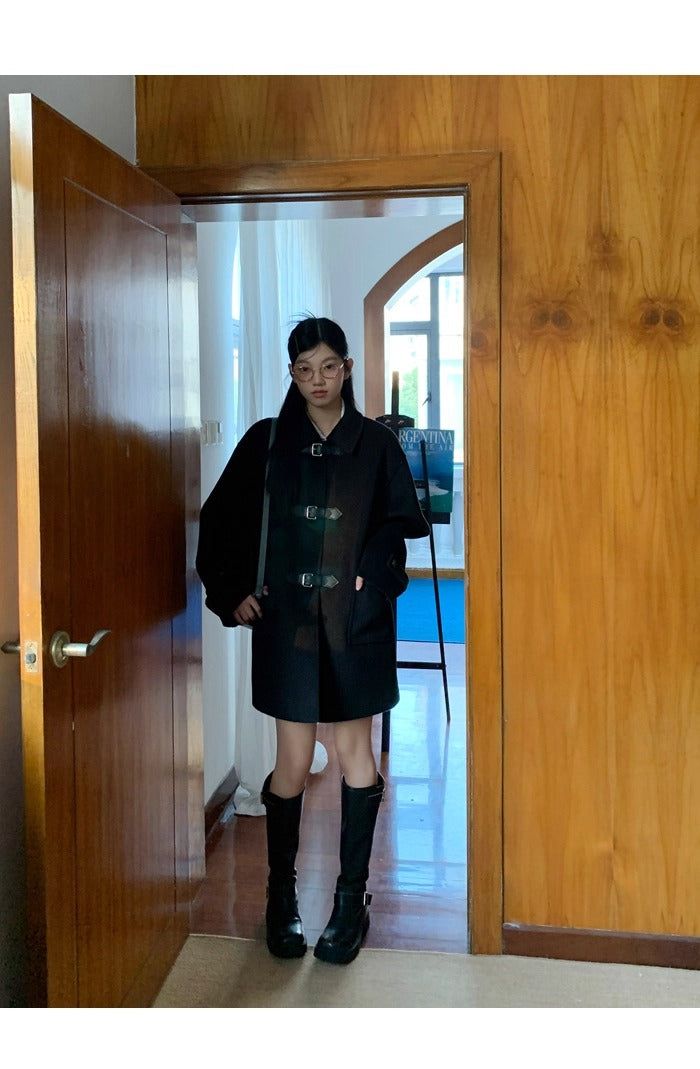 wool black collar buckle half coat