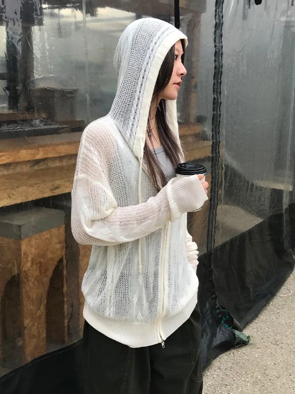 TWISTED KNIT HOOD ZIP-UP