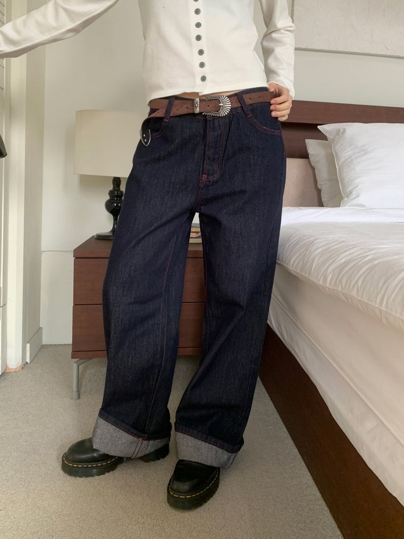 ペニーレッドステッチローワイドデニムパンツ