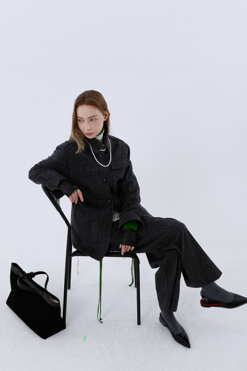HERRINGBONE WOOL SLACKS PANTS_BLACK