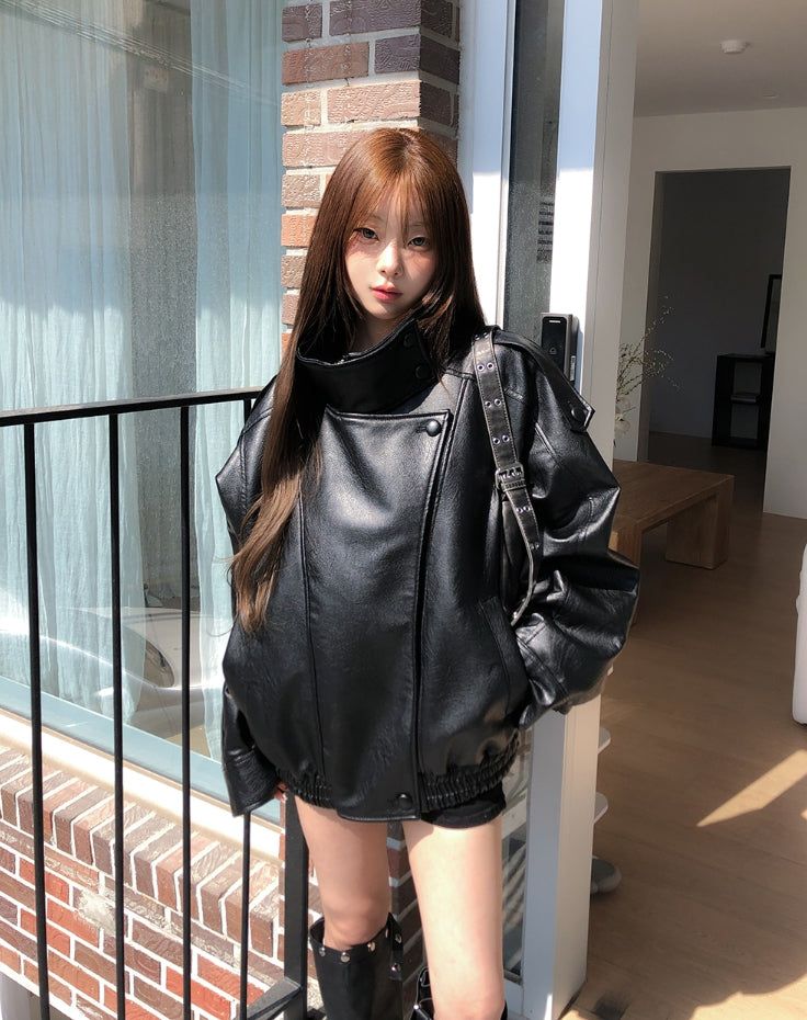 Saint High-Neck Unbalanced Leather Jacket