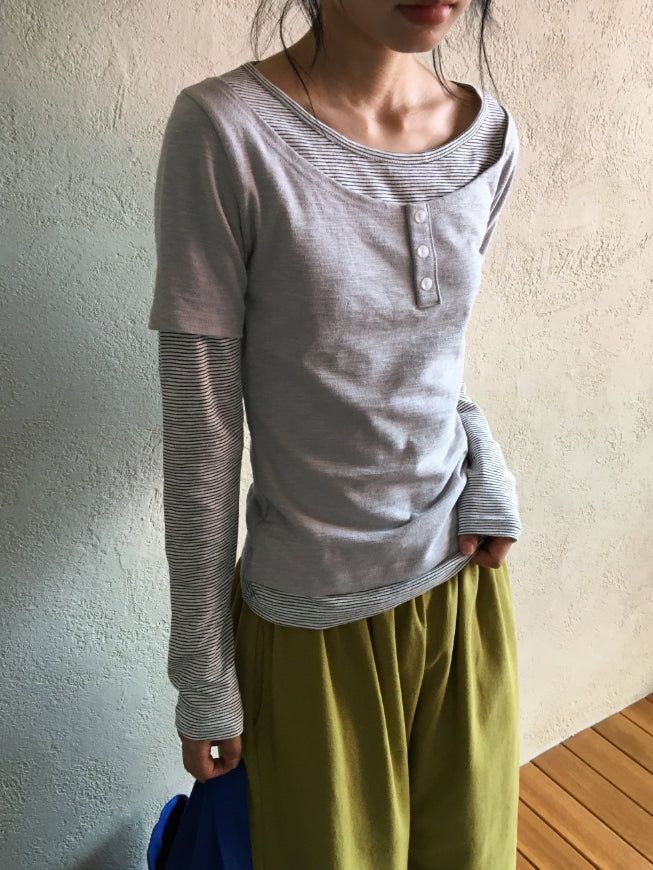 Nicks Layered Button Stripe Long Sleeve Tee