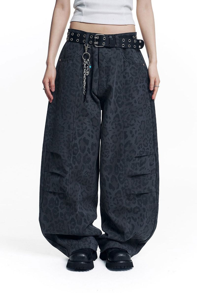 Curved Leopard Pants - Charcoal