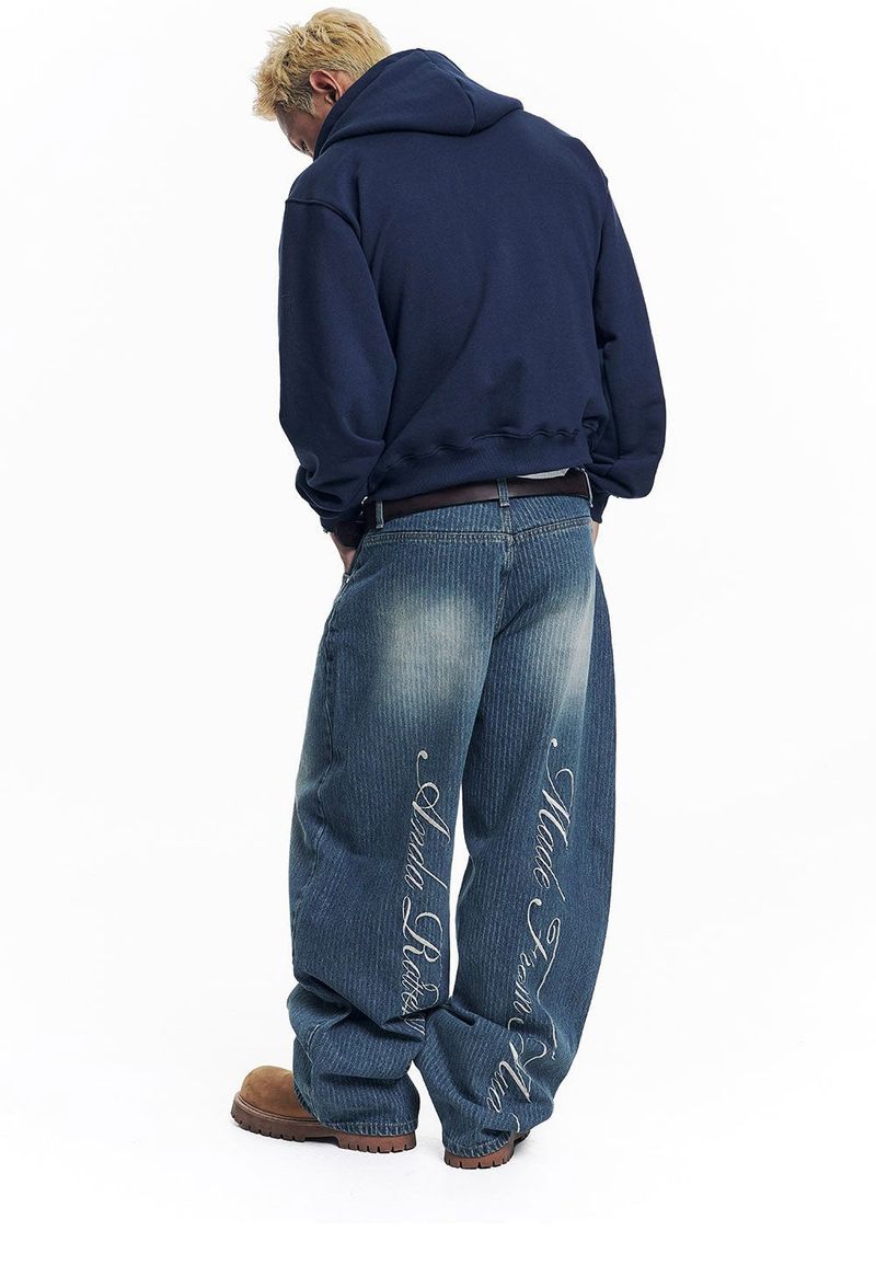 Stripe Lettering Denim Pants - Medium Blue
