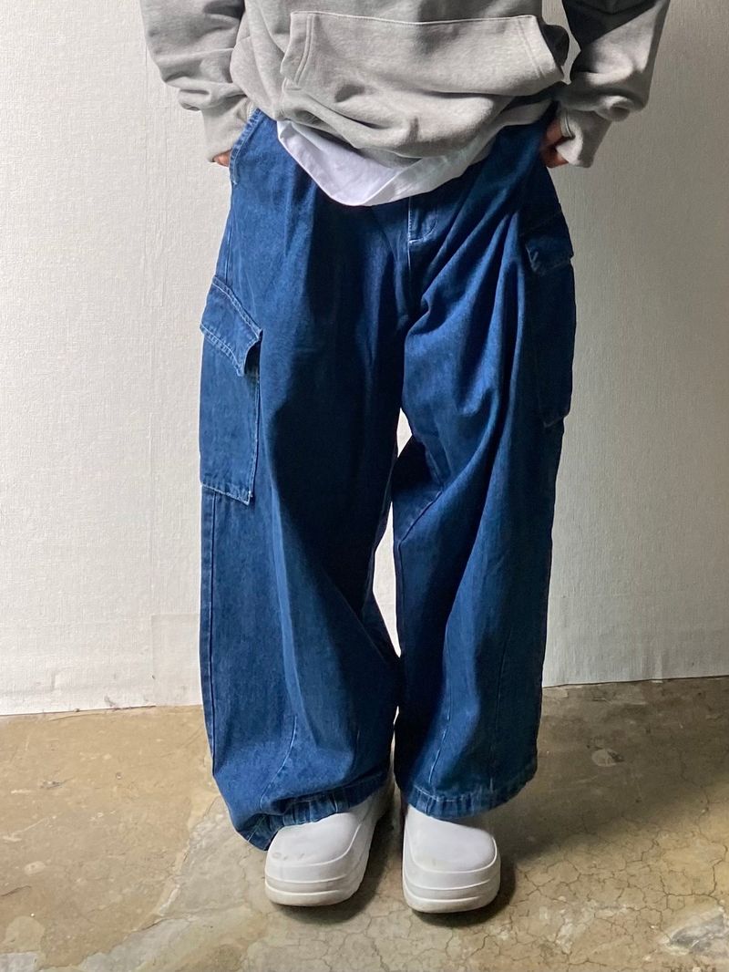 Balloon pintuck wide banding denim pants