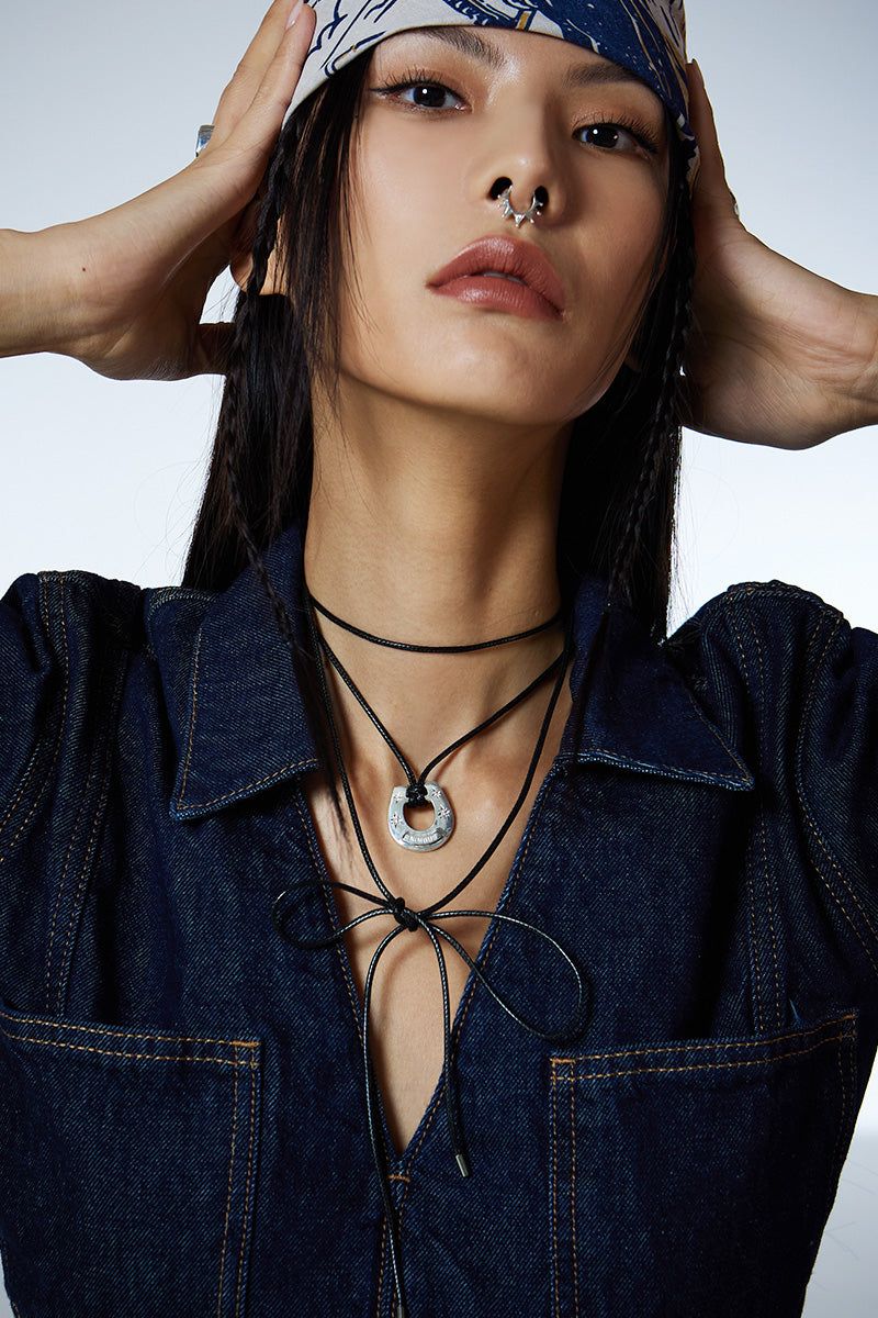 Sparkle Horseshoe Leather Necklace(BK)