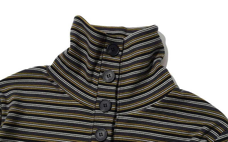 STRIPED HIGH NECK BUTTON CARDIGAN - OLIVE