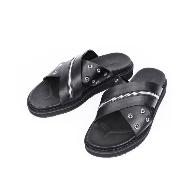 DAVID STONE ZIPPER X RING LEATHER CROSS SANDALS