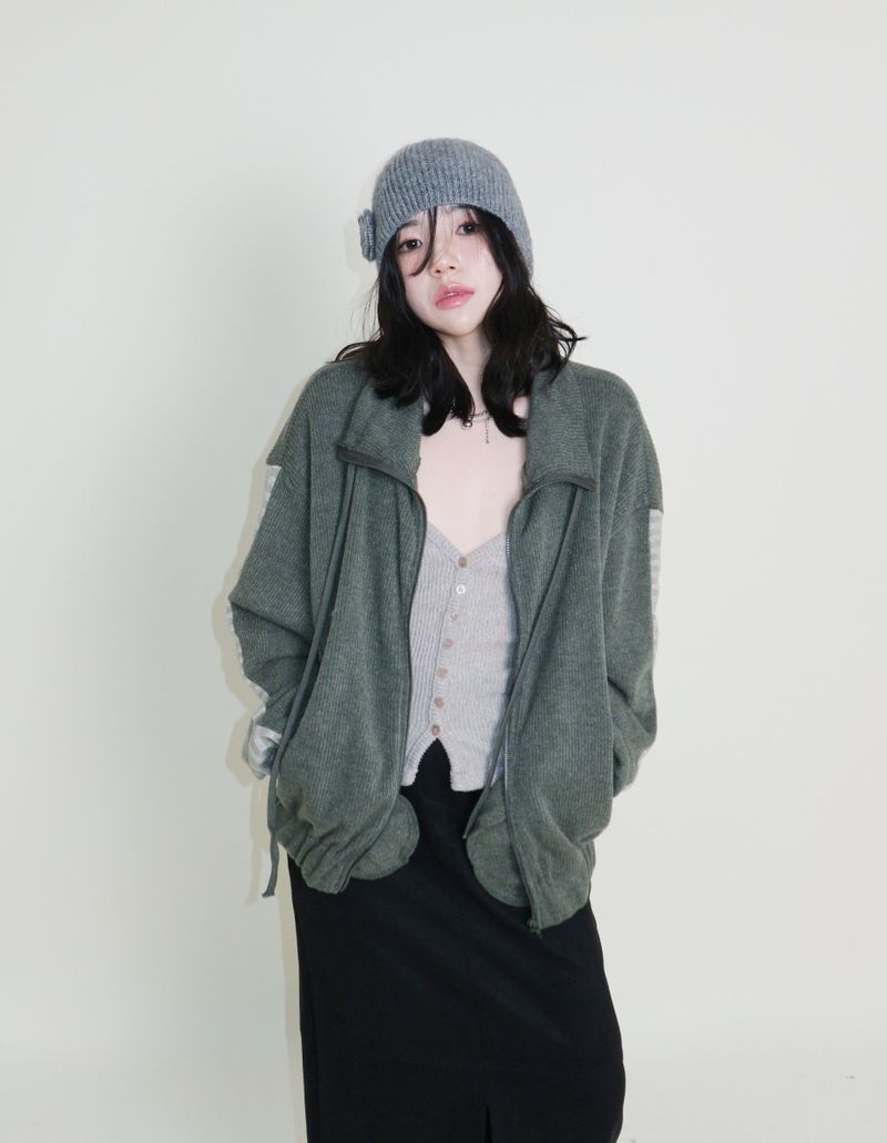 Hakata Stripe Coloring String Knitwear Zip-Up