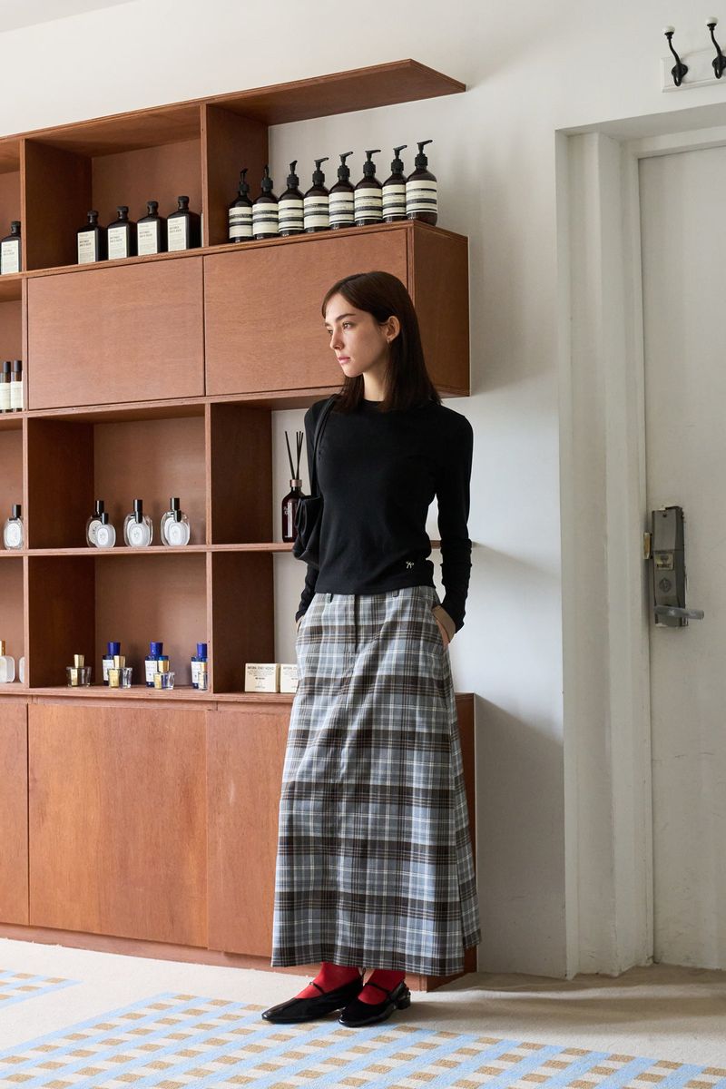 CHECK SLIT LONG SKIRT GRAY