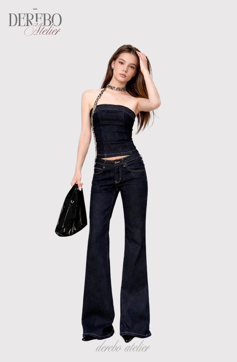 Deep green paper flared long denim pants