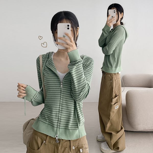 7-Color Striped Two-Way Hooded Knit Zip-up (7 colors)
