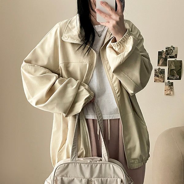 Ronnie Boxy High-Neck Slit Plain Windbreaker Jumper