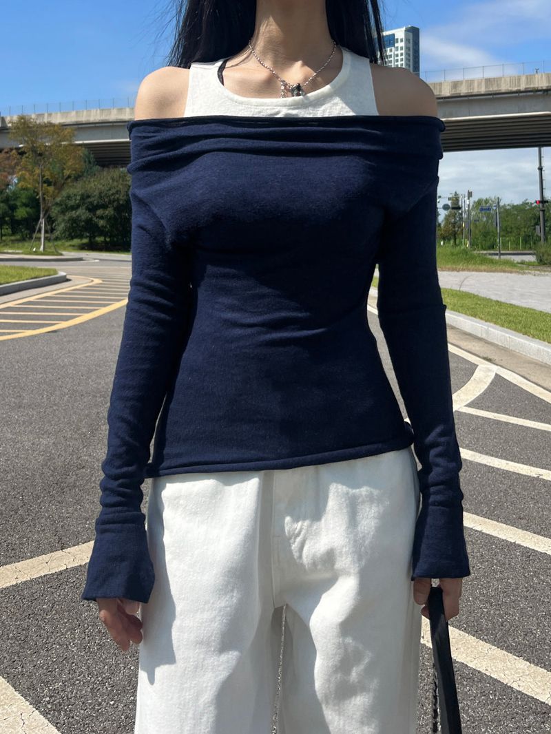 Layered shirring off-shoulder solid long sleeve knit top (3 colors)