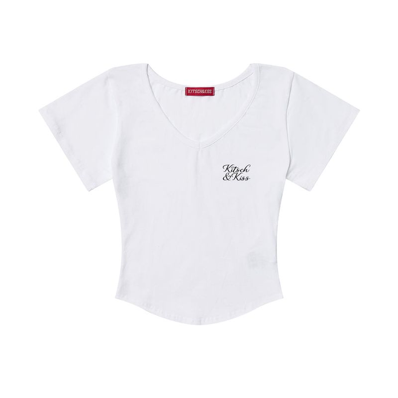 kitsch&kiss（キッチアンドキス）の「SCRIPT LOGO CROP V-NECK T-SHIRT (SCVKNK-104)（Tops）」