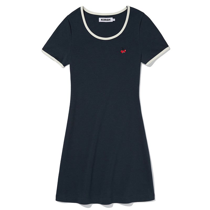 SMALL CHERRY ROUND NECK DRESS [DARK NAVY]