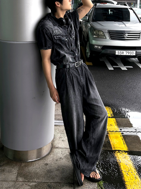 Cool Washing Pintuck Linen Denim Pants