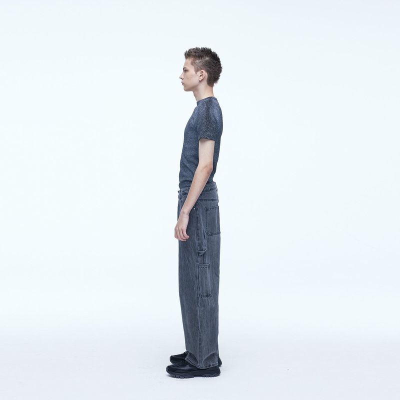 Curved Carpenter Crack Denim Pants Grey