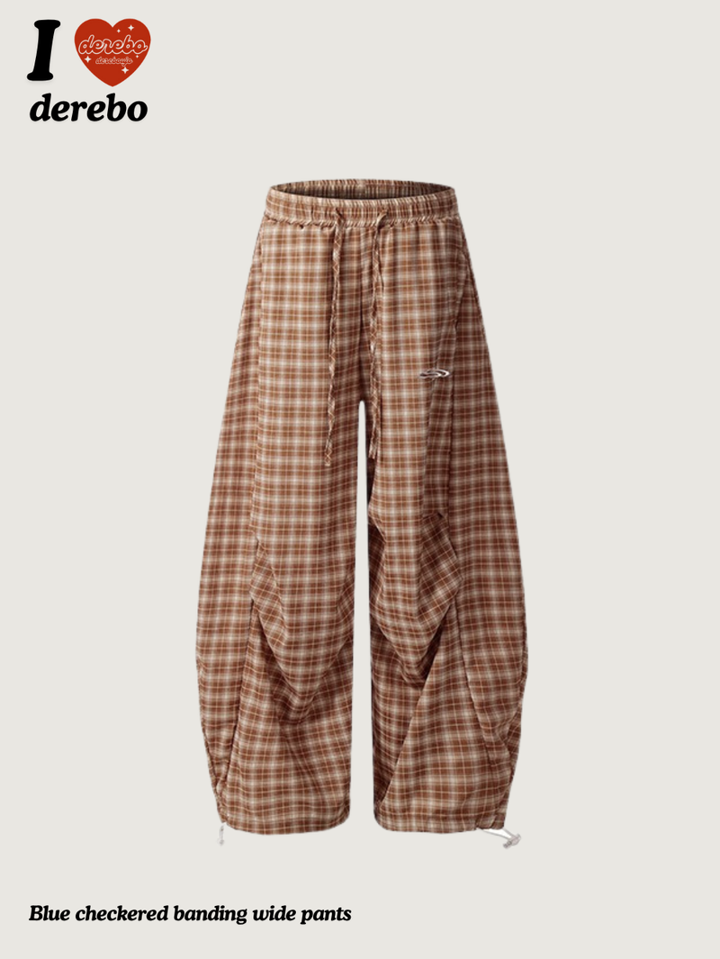 Blue checkered banding wide pants