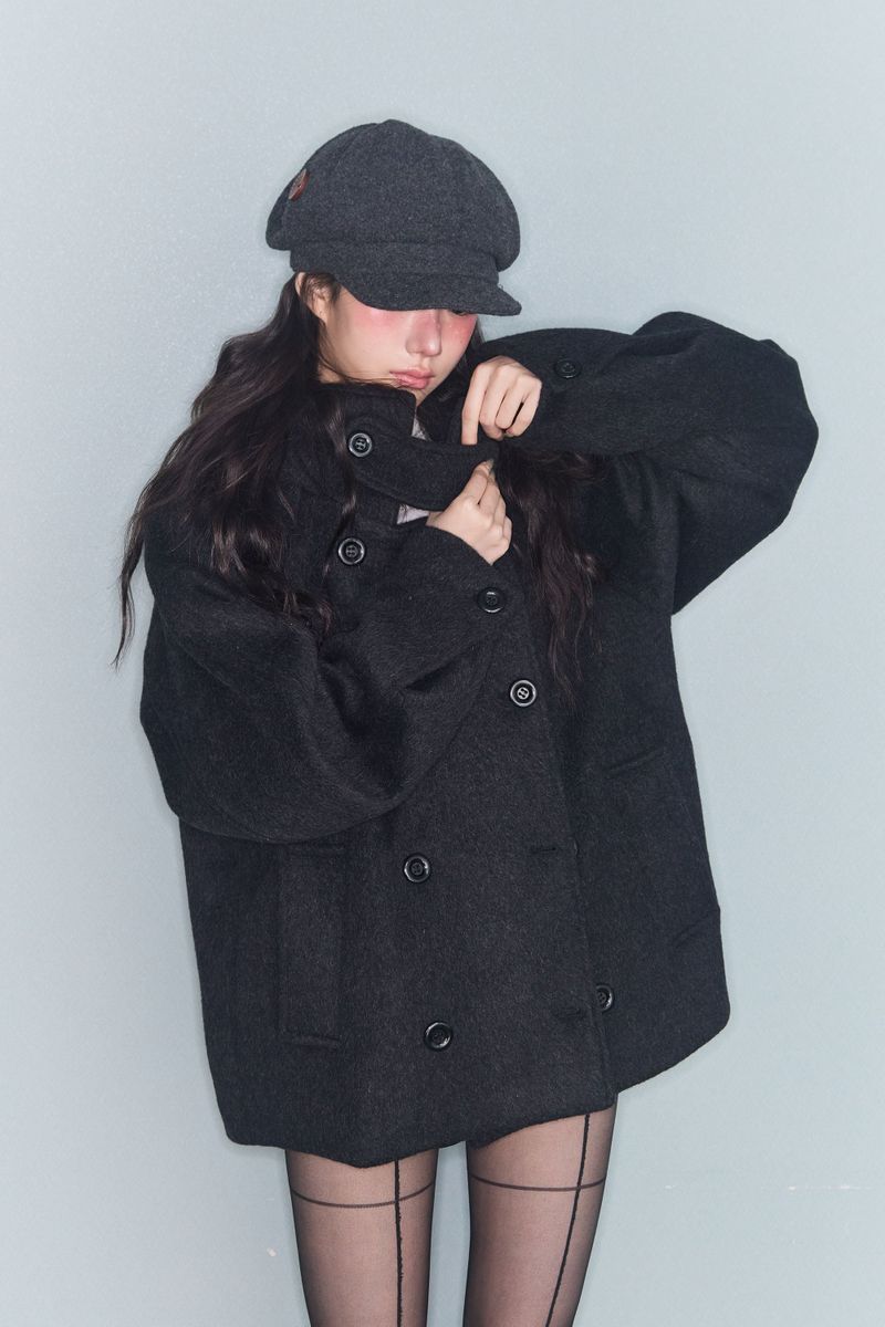 HOODED DOUBLE HALF COAT CHARCOAL