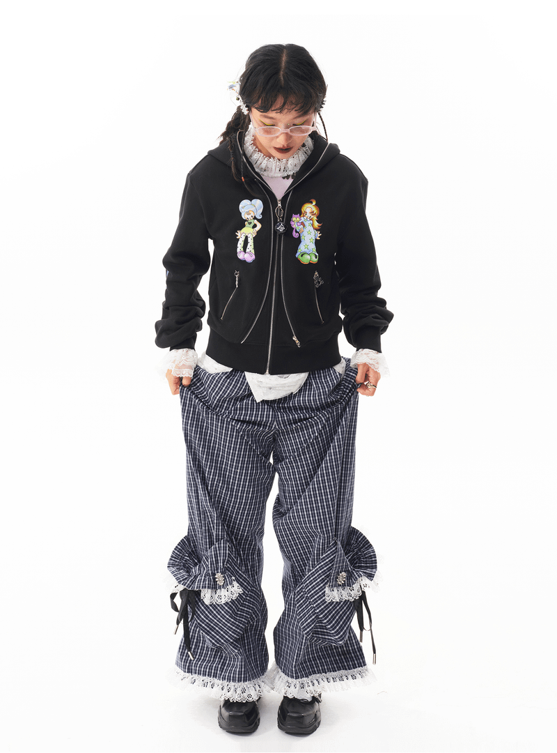 sillysis 黒のかわいい女の子イラスト、両頭金属ジッパー構造感スウェットパーカー
