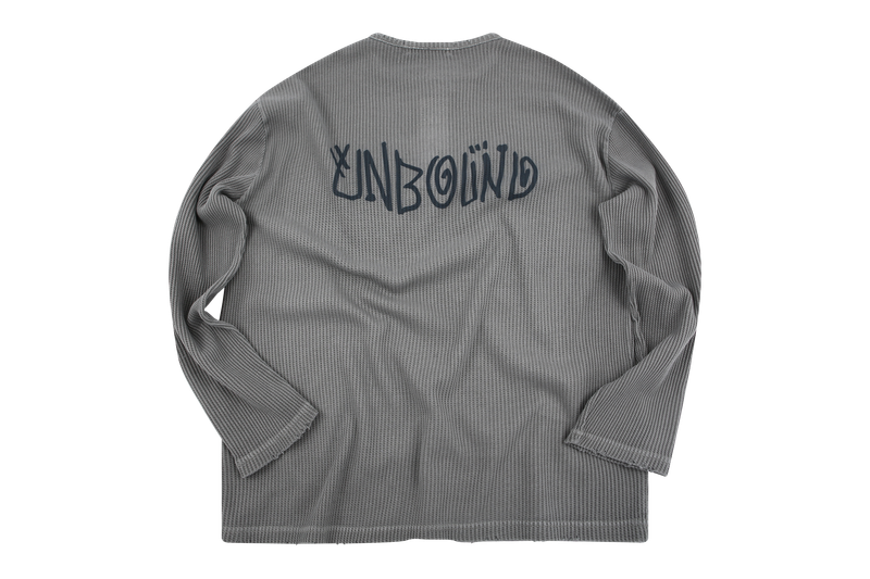 Damaged waffle button long sleeve t-shirts gray