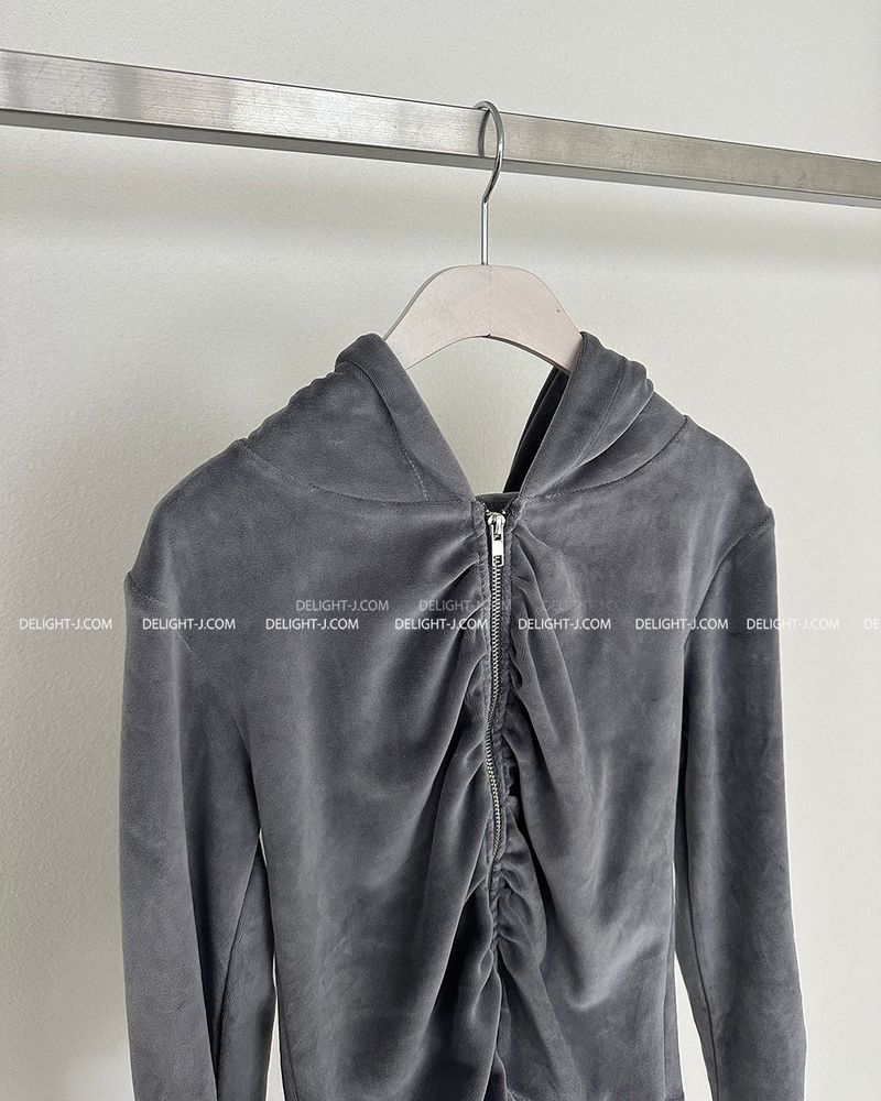 Velvet Shirring Hood Zip-Up