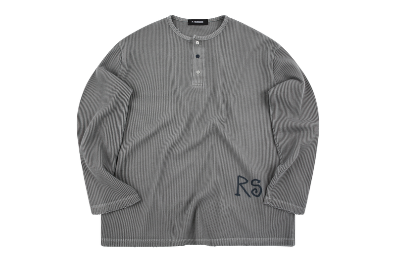 Damaged waffle button long sleeve t-shirts gray