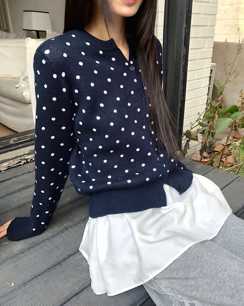 Honi Round-Neck Dot Knit Cardigan