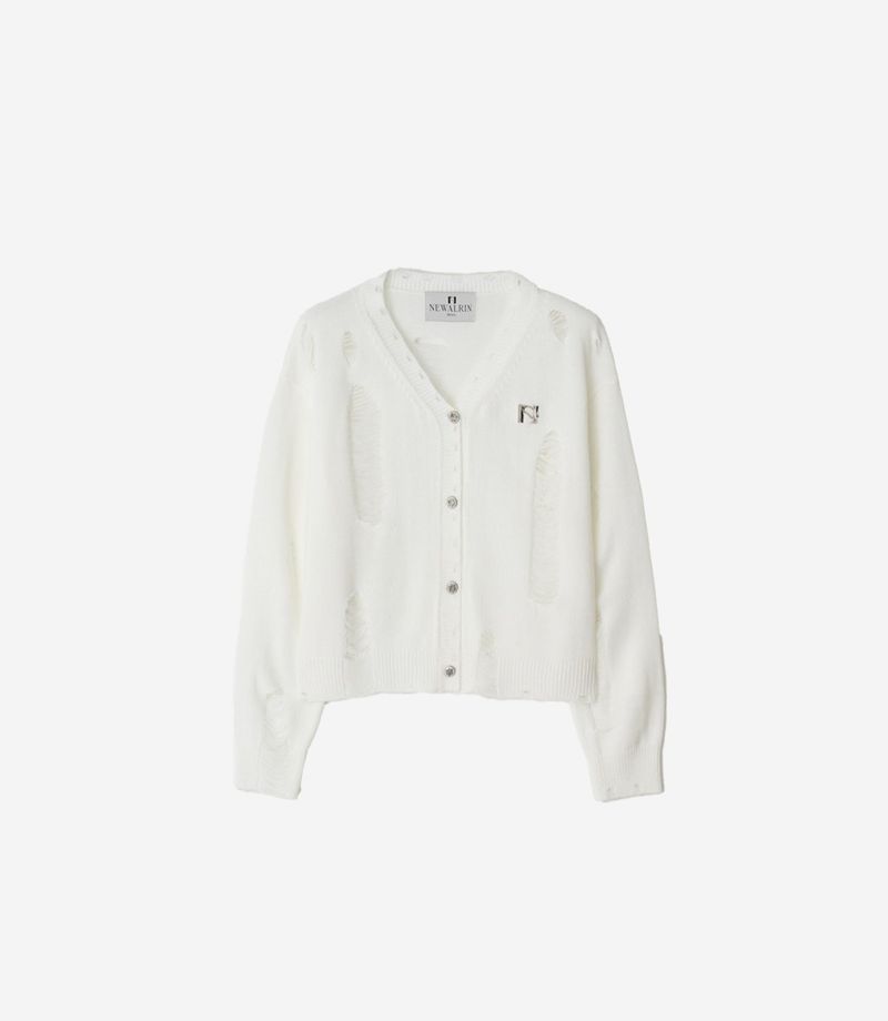 Bloom emblem demage Knit Cardigan